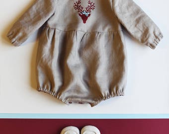 Baby Romper, Baby Outfit, Linen Romper, Christmas Reindeer, Newborn Baby Clothes, Toddler Clothes, Linen Baby, Christmas Baby Outfit