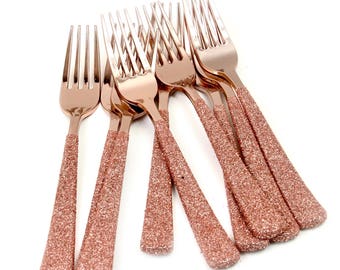 Rose Gold Plastic Fork, Rose Gold Glitter Silverware Rose Gold Utensils Disposable Party Silverware Decorative Tableware Table Settings