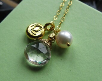 22K Gold Precious Pearls 14 karat Gold filled fill white topaz golden lotus bodhi lucky buddha freshwater white Grade A white topaz briolette briolet tear drop gemstone round lustrous pearl yoga namaste disc coin o karma necklace chain pendant charm boho