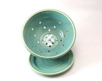 Berry Bowl-Pottery Colander-Ceramic Strainer-Fruit Strainer-Stoneware Bowl-Pearl Green Glaze-Berry Strainer-Teal