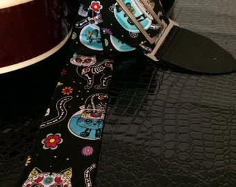 Day of the dead cat guitar strap // skeleton kitties on black cat guitar strap // unique tween teenager gift // suits acoustic electric bass