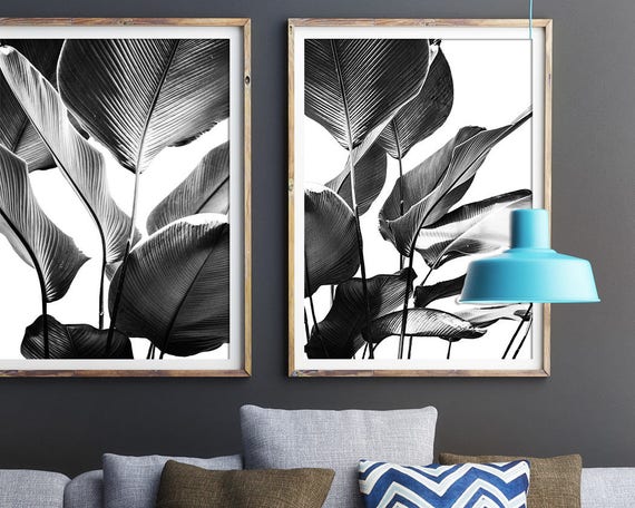 Black and white prints banana leaves print set of 2 wall Black and white prints banana leaves print set of 2 wall