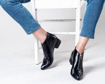 Black Leather Boots / Ankle booties / Zipper Boots /Womens Shoes / Casual Leather Sharp Tip Boots / Designer High Heels Shoes - Fossil
