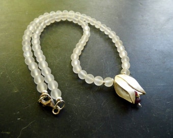 Necklace, white, bride, mountain Crystal, sterling silver, Ruby, flower, wedding
