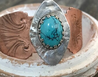 Bold Copper, Sterling Silver and Turquoise Cuff