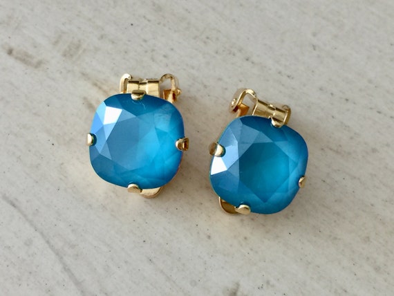 Azure Blue Lacquer Swarovski Crystal Clip On Earrings, Yellow Gold