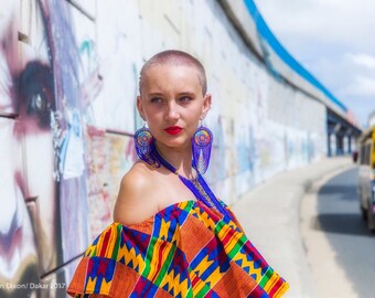 Ladies Medium Kente African Print Ankara Wax Off Should Boho Crop Top