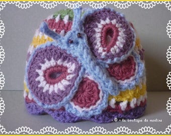 Layette: hat, crocheted, colorful striped and perforated with butterfly, flower and ladybug, 3/6 months