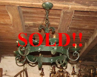 SOLD !! French vintage original and rustic medieval style hand forged 6 arm farmhouse chandelier,One off design, for restoration rewire
