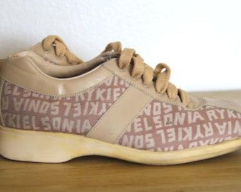 Sonia Rykiel Beige Logo Sneakers 1990s Bowling Style Raised Platform Trainers 38 US 6.5