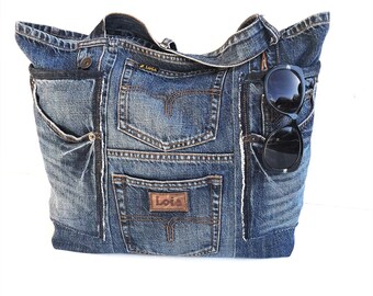 Denim bag LOIS Recycled jeans tote bags and purses shoulder bag, large beach bag, blue handbag,shopper, casual bag