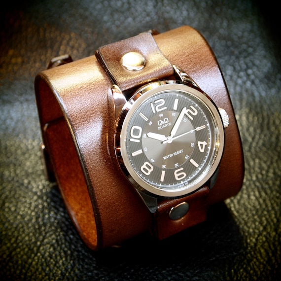 Leather cuff watch Brown vintage style leather cuff bracelet Best quality Made for YOU in USA by Freddie Matara!