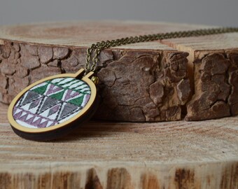 Geometric Necklace, Embroidered Necklace, Aztec Pattern Necklace, Mini Embroidery Hoop Necklace, Statement Necklace, Fabric Necklace