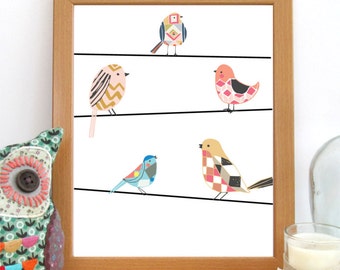 Bird Nursery Art, Printable Wall Art, Cute Bird Print, Nursery Decor, Birds On Wire Print, Bird Decor