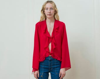 vintage red blouse | red ruffle top | bright red glitter hippie boho ruffle shirt | sheer cherry red ruffle blouse | large | 1980s | 80s
