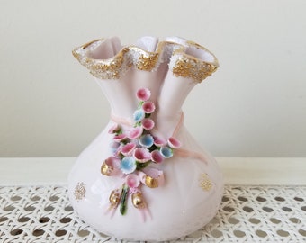 Vintage Lefton China Vase Pale Pink Porcelain With Pink Blue Flowers & Metallic Gold Accents, Ruffled Edge
