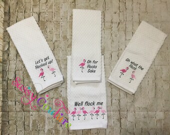 Funny kitchen towels, Flamingo kitchen towels, Embroidered kitchen towels, Flamingo towels, Let's get flocked up, house warming gift