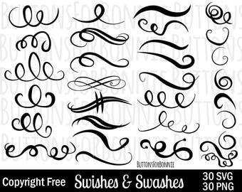 30 swoosh, swirl, swash, Vector Design Elements,SVG, PNG, Flourish, Clipart, Digital Cutting File, Copyright Free, cricut, Illustrator