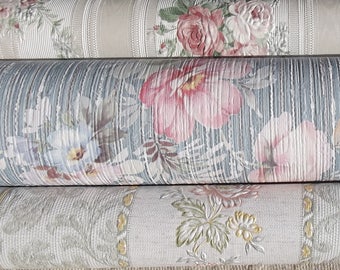 Lot of Vintage French Wallpaper samplers Embossed pink Roses stripes and bouquets