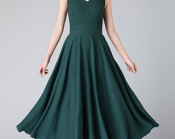 maxi linen dress, sleeveless dress, V neck dress, summer dress, party long dress, dress for women, pleated dress, swing dress 1905
