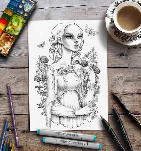 Coloring For Adults Lady Moths Floral Grayscale Page Zan