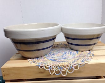 ROSEVILLE Stoneware Mixing Bowl Set Blue Band Stripe Excellent Condition