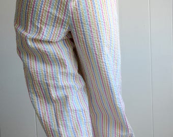 NEW LISTING Orvis Size 8 Pastel Stripes Crinkle Fabric Capri Pants with Ankle Ties, Clown Pants/Rainbow Brite/Pastel Pants