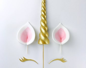 Gold Unicorn CAKE topper | Fondant Unicorn CAKE Topper | Unicorn Birthday CAKE Decorations | Unicorn Horn Ears and Eyelashes Cake Toppers