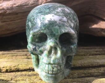 Gorgeous Green Moss Agate Carved Skull!