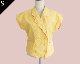 Vintage Japan 80s double breasted pocket blouse top/ Yellow / Small