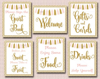 Pink and Gold Baby Shower Table Signs with Confetti Drinks