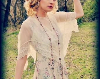 Kentucky Derby Pink floral and cream vintage dress with sheer caplet, hippy, wedding, boho, festival, summer dress, sheer, lace