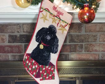 Black Poodle Dog Stocking, dog stocking, Personalized Christmas stockings, Black Poodle needlepoint stocking, Christmas stocking