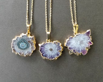 Amethyst Stalactite Crystal Druzy Slice Gold Dipped Electroplated Pendant Necklace 18" A