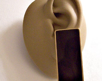 Monet Black Long Square Clip On Earrings Gold Tone Vintage Smooth Enamel Stripe Edge Block Style Discs Lined Backs Comfort Paddles