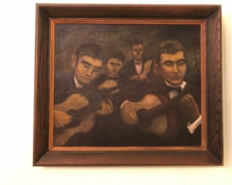 VINTAGE OIL PAINTING, Mid Century, Spanish Guitar Players, South American, Latin, 28" X 24.5", Hispanic, Guitar, Signed at Modern Logic