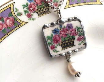 Broken china jewelry, china pendant necklace, antique basket of roses with forget me not, pearl, antique porcelain, made from a broken plate
