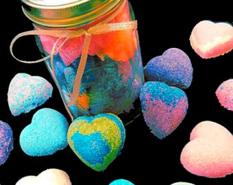 Bath Bombs Gift Set, 10 Bath Bomb FIZZY Fizzies, plus Mason Jar and Bath Pouf, Perfect Stocking Stuffer! Heart shaped bath bombs