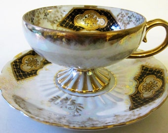 Vintage Bone China Teacup Saucer Demitasse Japan Lustreware Black Gold Floral Trim Royal Sealy Pedestal