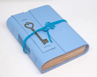 Leather Journal with Tea Stained Paper , Heart Key Charm , Blue Leather Journal , For Her , HandCrafted , Graduation Gift, Bound Book
