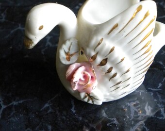 Figurine Porcelain-miniature swan napkin Holder White-gold-pink rose Vintage