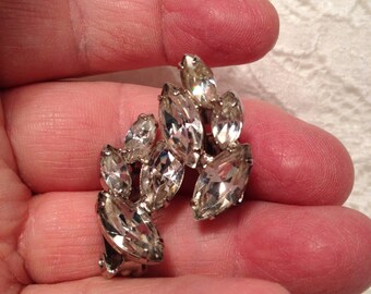 Vintage Marquis Rhinestone Earrings, Clip On Style, Silver Tone Setting, Prong Set Rhinestones.
