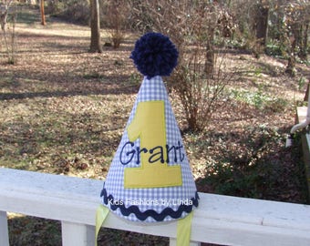 Personalized Birthday Yellow Number Blue Gingham Hat