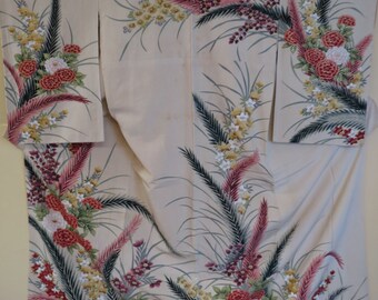 SHOWA KIMONO HOMONGI Antique Japanese Silk Kimono Flowers Fern Leaves Metallic HiLites Cream Silk Handpainted Wearable Art Kimono 1930's-40s