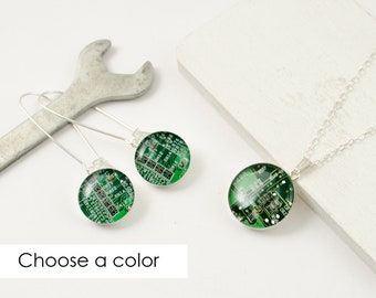 Circuit Board Necklace and Earring Set, Sterling Silver Jewelry, Wearable Technology, Engineer Gift, Techie Jewelry Set, Geek Chic Gift
