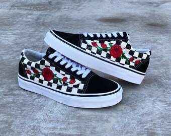 custom vans, vans, rose vans, embroidered vans, custom rose vans, red rose vans, floral vans, vans roses, checkered vans, vans rose, custom