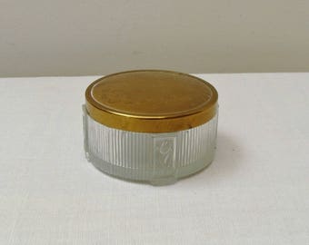 Vintage Glass Powder Box with Gold Metal Lid