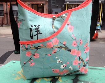 Cotton Asian Print Cherry Blossom Market Bag, Hobo Sling Crossbody Japanese Print Messenger Bag