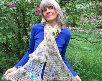 hand knit long soft art yarn oversize luxury gypsy boho scarf - enchanted garden trellis scarf