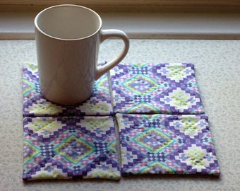 purple geometric hand quilted set of mug rugs coasters